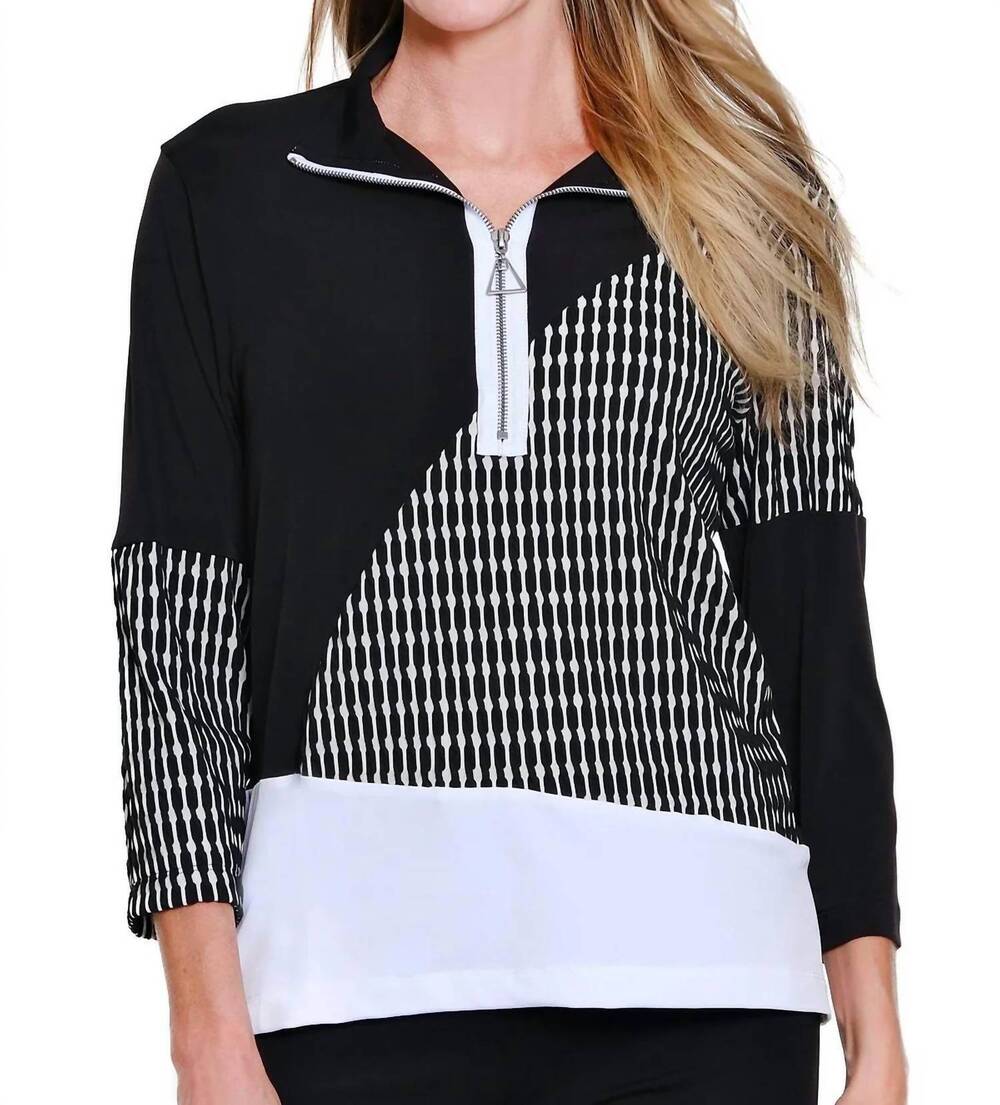NEW MULTIPLES 3/4 sleeve zip thru collar top in multi